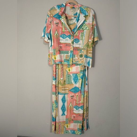 Vintage Sea Suns 90s Printed Tank Dress & Button Down Set M - Picture 1 of 9